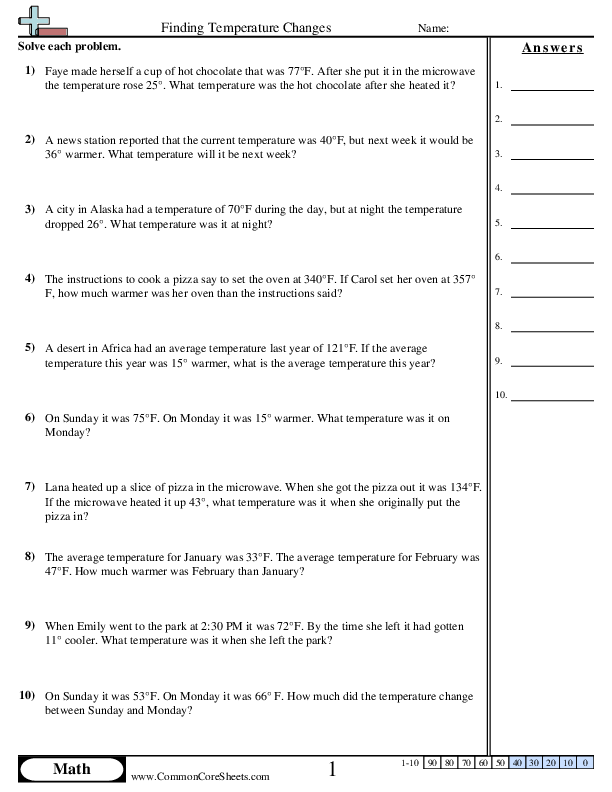 Word Problems 0° - 100° F  worksheet